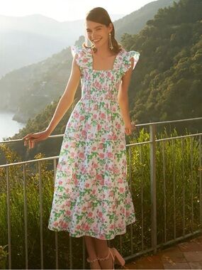 Hill House Nap Dress Rose Floral Smocked Maxi Dress in White and Pink